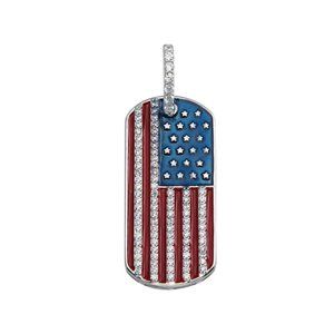 Sterling Silver 925 Rhodium Plated CZ American Flag Dog Tag Pendant